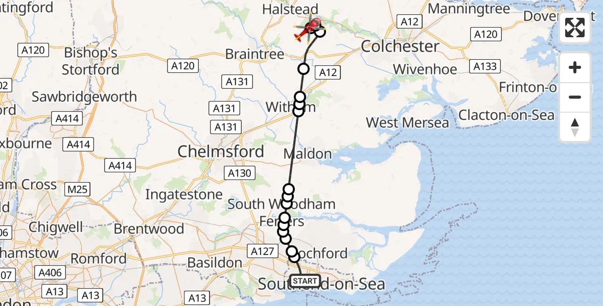 Flight route Air Ambulance Helicopter Leigh on Sea - Earls Colne Airfield, 18 June 2026, 14:47