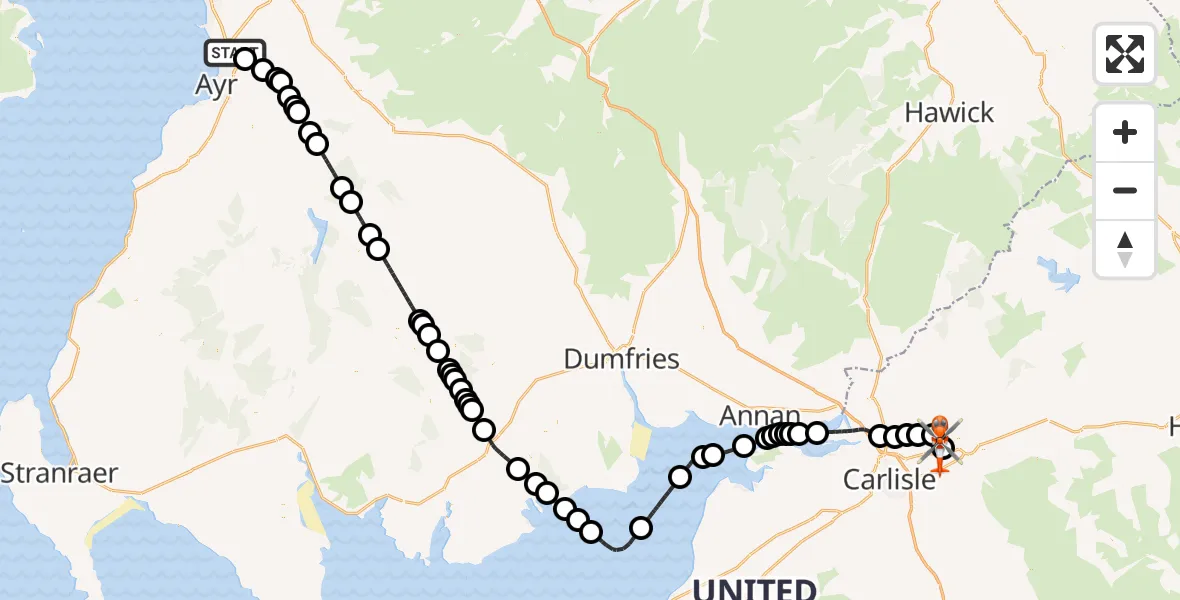 Flight route Coastguard Helicopter Glasgow Prestwick Airport - Carlisle Lake District Airport, 18 June 2026, 14:48