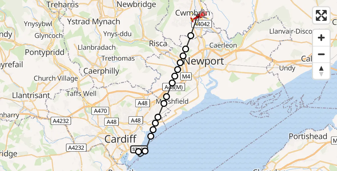 Flight route Air Ambulance Helicopter Cardiff Heliport - Cwmbrân, 18 June 2026, 14:53