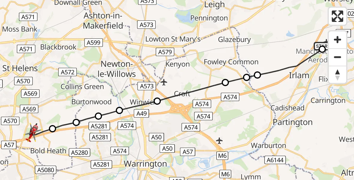 Flight route Air Ambulance Helicopter Manchester Barton Aerodrome - St Helens, 18 June 2026, 15:01