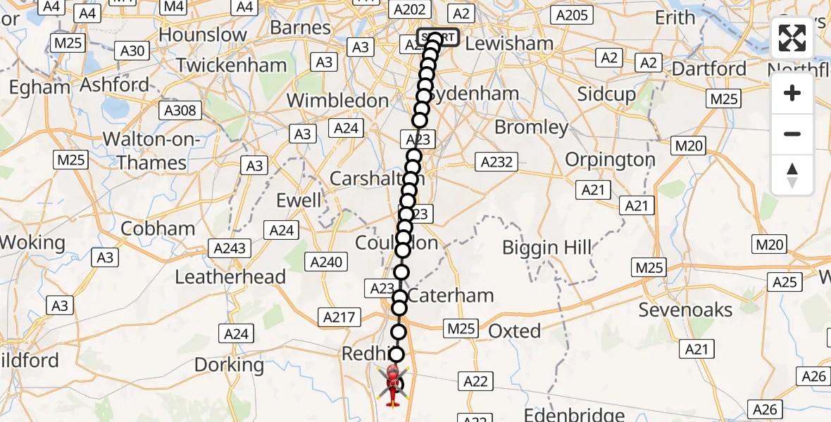 Flight route Air Ambulance Helicopter Kings College London Hospital - Redhill Aerodrome, 18 June 2026, 15:17