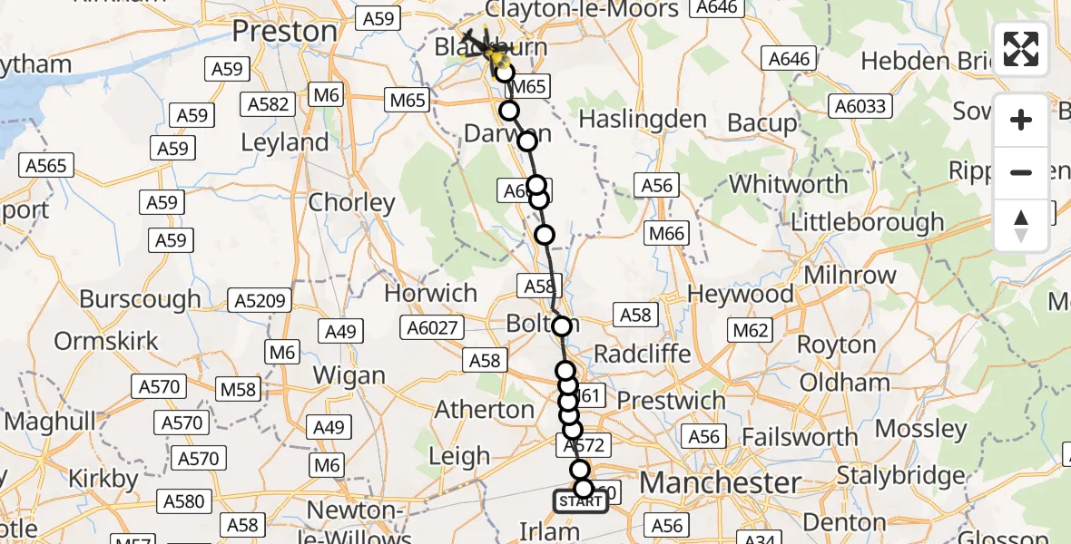 Flight route Police Helicopter Manchester Barton Aerodrome - Blackburn, 18 June 2026, 15:19