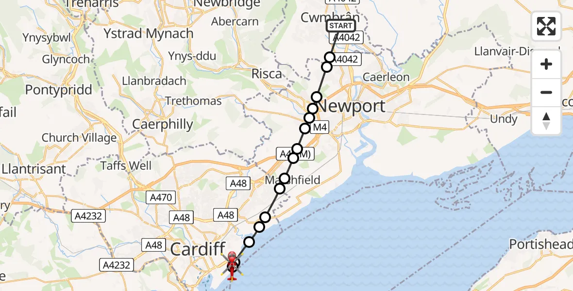Flight route Air Ambulance Helicopter Cwmbrân - Cardiff Heliport, 18 June 2026, 15:26