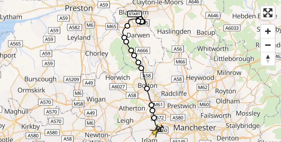 Flight route Police Helicopter Blackburn - Manchester Barton Aerodrome, 18 June 2026, 15:31
