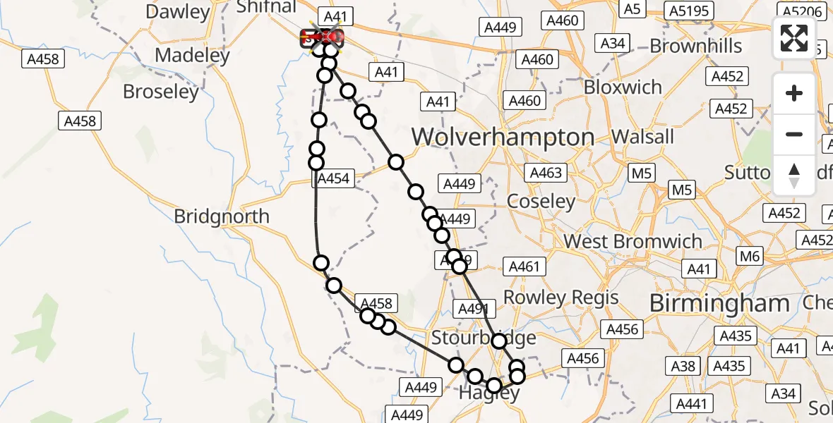 Flight route Air Ambulance Helicopter RAF Cosford - Cosford, 18 June 2026, 15:32