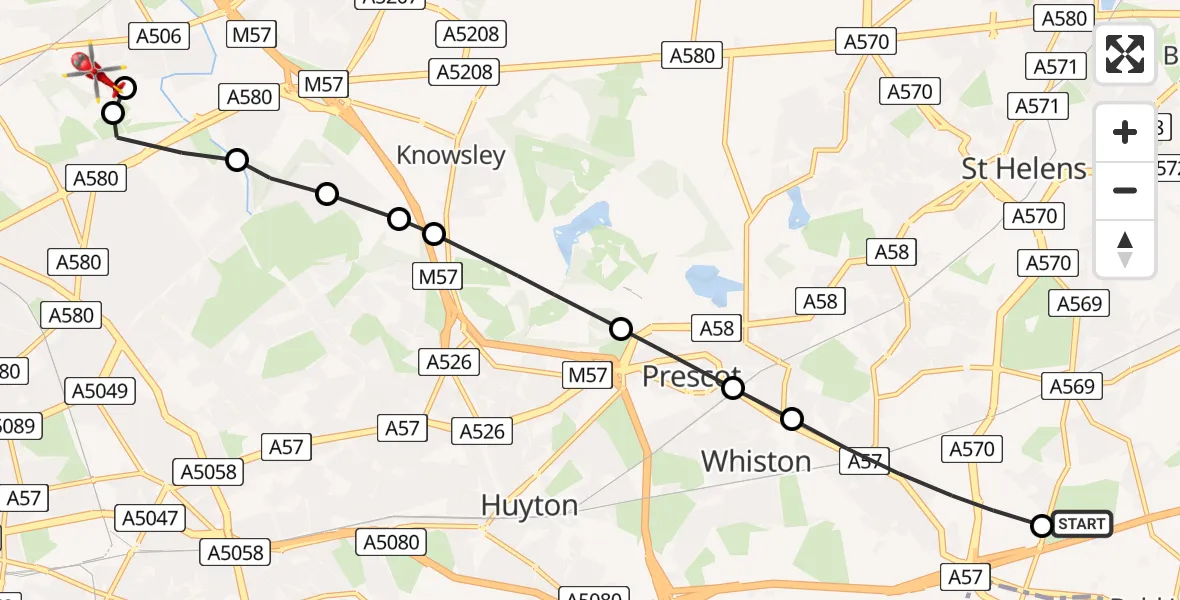 Flight route Air Ambulance Helicopter St Helens - Aintree University Hospital Heliport, 18 June 2026, 15:35
