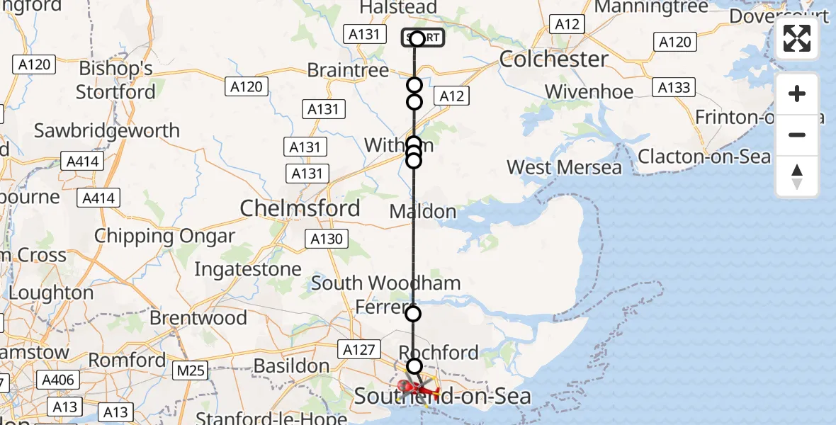 Flight route Air Ambulance Helicopter Earls Colne Airfield - Leigh on Sea, 18 June 2026, 15:42