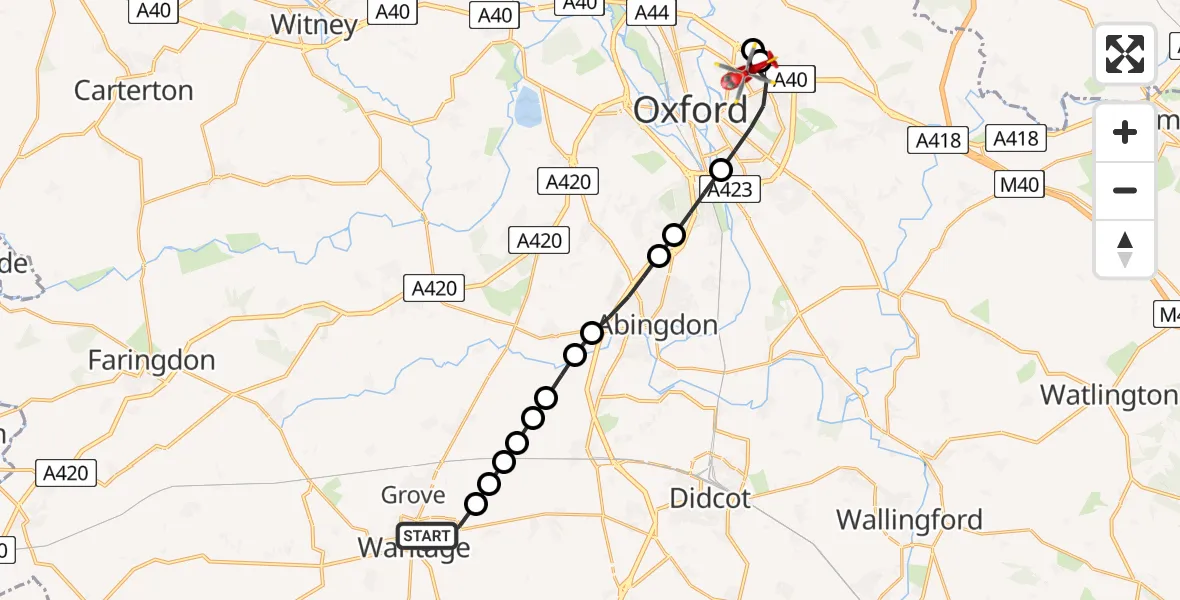 Flight route Air Ambulance Helicopter Wantage - Oxford, 18 June 2026, 16:08