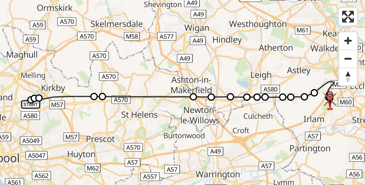 Flight route Air Ambulance Helicopter Aintree University Hospital Heliport - Manchester Barton Aerodrome, 18 June 2026, 16:14