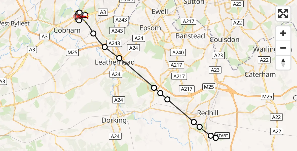 Flight route Air Ambulance Helicopter Redhill Aerodrome - Oxshott, 18 June 2026, 16:28
