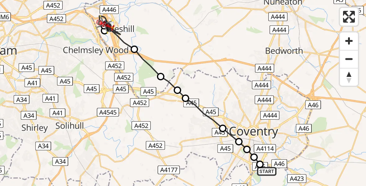 Flight route Air Ambulance Helicopter Coventry Airport - Coleshill CP, 18 June 2026, 16:33
