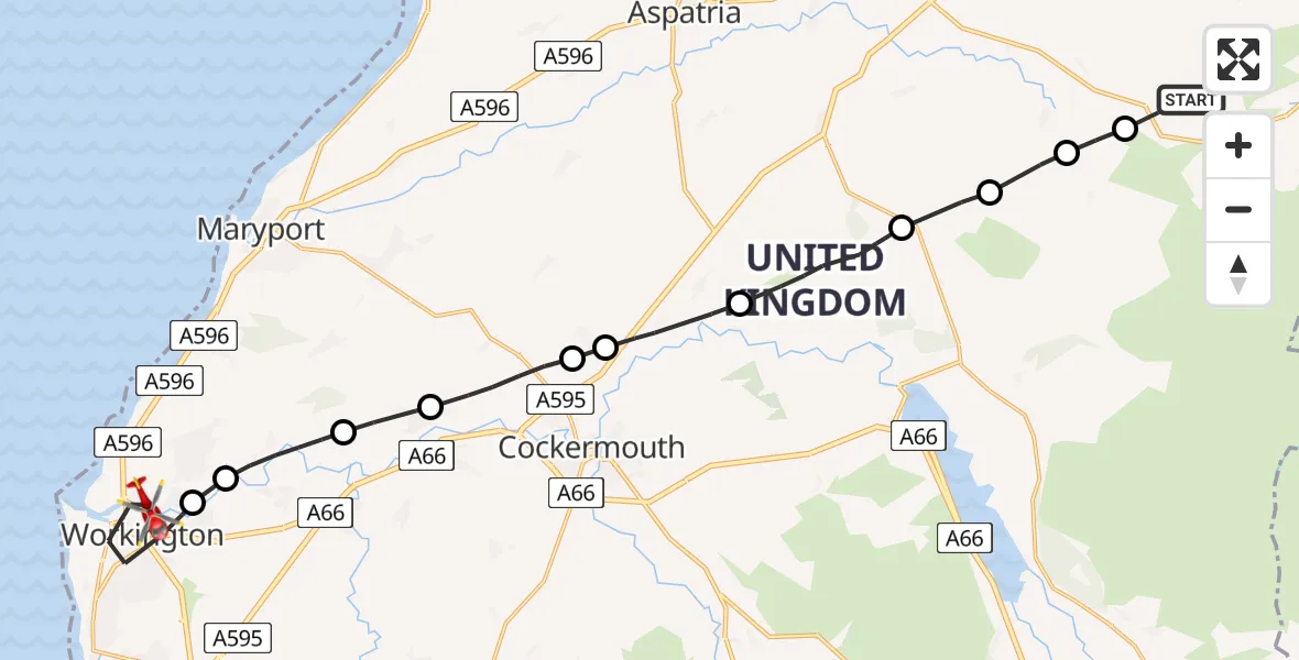 Flight route Air Ambulance Helicopter Boltons - Workington, 18 June 2026, 16:50
