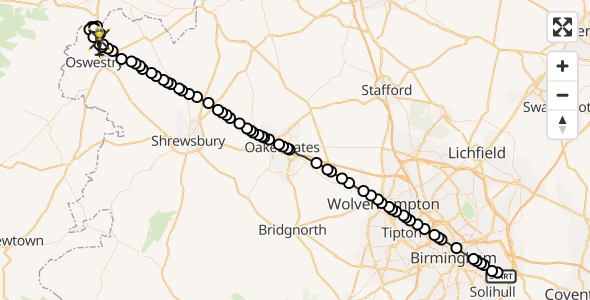 Flight route Police Helicopter Birmingham Airport - Gobowen, 18 June 2026, 16:55