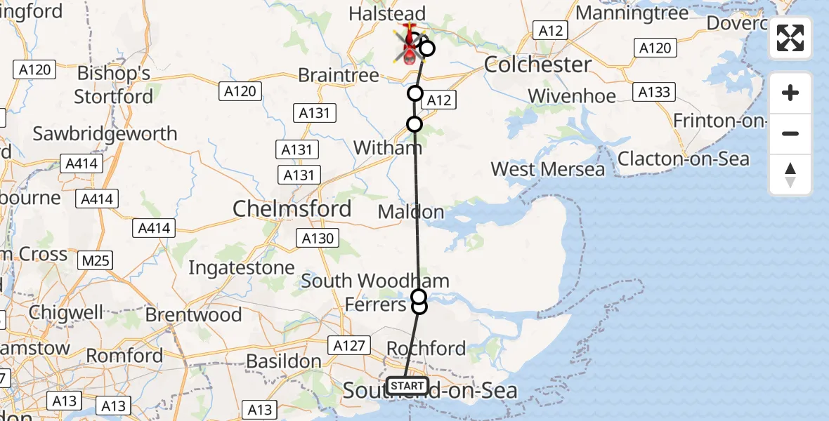 Flight route Air Ambulance Helicopter Leigh on Sea - Earls Colne Airfield, 18 June 2026, 17:19