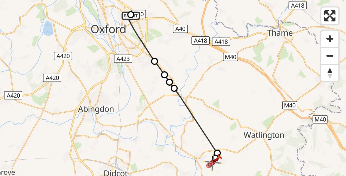 Flight route Air Ambulance Helicopter John Radcliffe Hospital - RAF Benson, 18 June 2026, 17:19