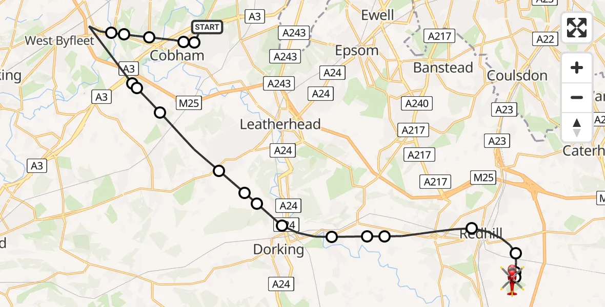 Flight route Air Ambulance Helicopter Whiteley Village - Redhill Aerodrome, 18 June 2026, 17:20