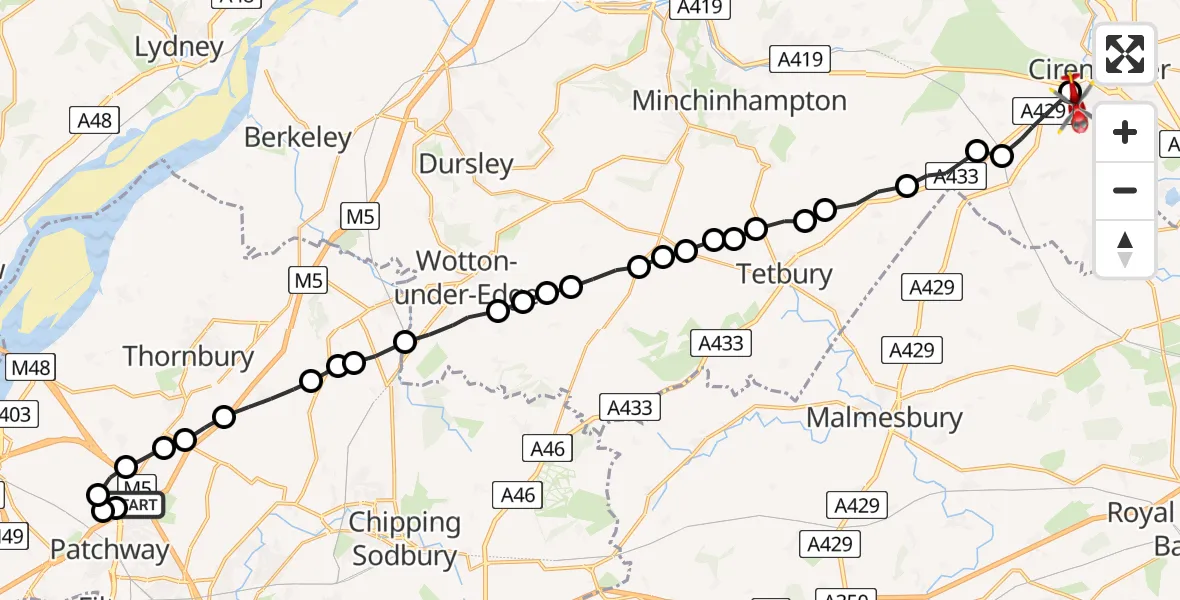 Flight route Air Ambulance Helicopter Almondsbury Helicopter Base - Cirencester, 18 June 2026, 17:35