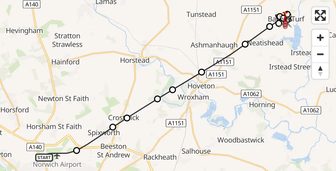Flight route Air Ambulance Helicopter Norwich Airport - Barton Turf, 18 June 2026, 17:39