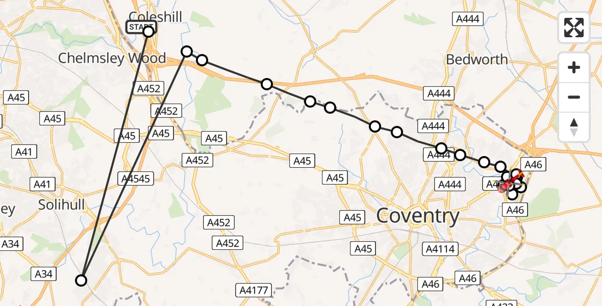 Flight route Air Ambulance Helicopter Coleshill CP - Walsgrave, 18 June 2026, 17:40