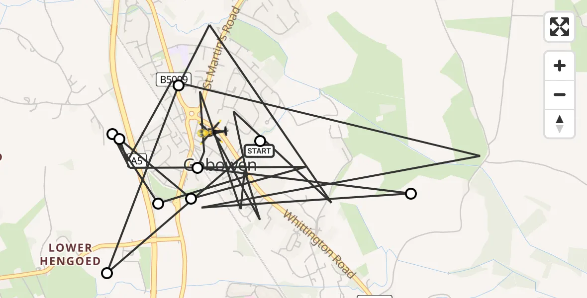 Flight route Police Helicopter Gobowen - Gobowen, 18 June 2026, 17:53