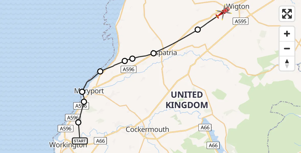 Flight route Air Ambulance Helicopter Workington - Waverton, 18 June 2026, 18:07