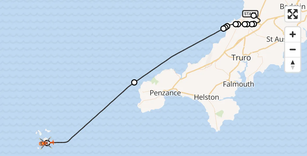 Flight route Coastguard Helicopter Cornwall Airport Newquay - St. Mary's Airport, 18 June 2026, 18:13