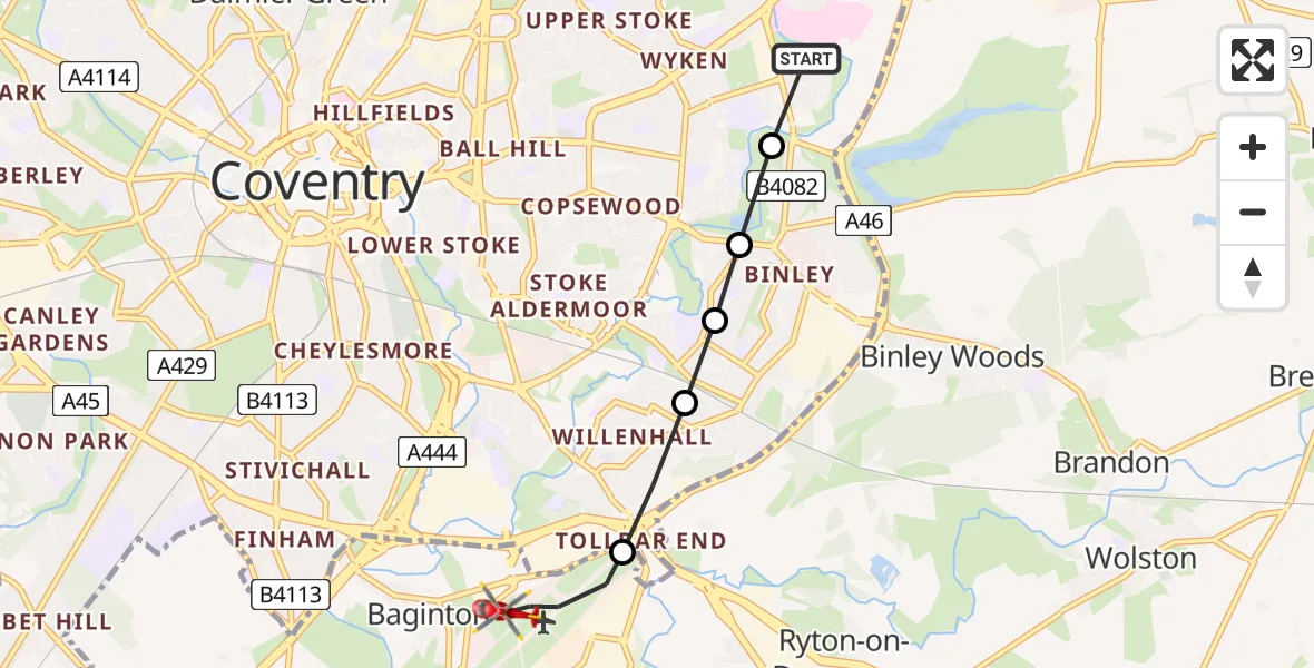 Flight route Air Ambulance Helicopter University Hospital Coventry - Coventry Airport, 18 June 2026, 18:14