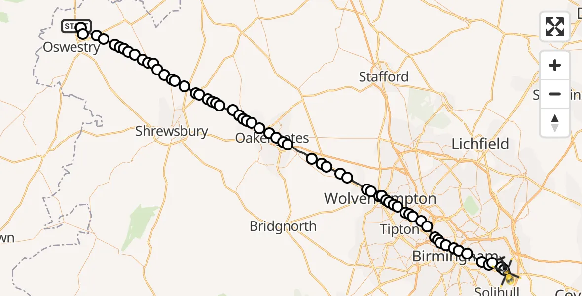 Flight route Police Helicopter Gobowen - Birmingham Airport, 18 June 2026, 18:16