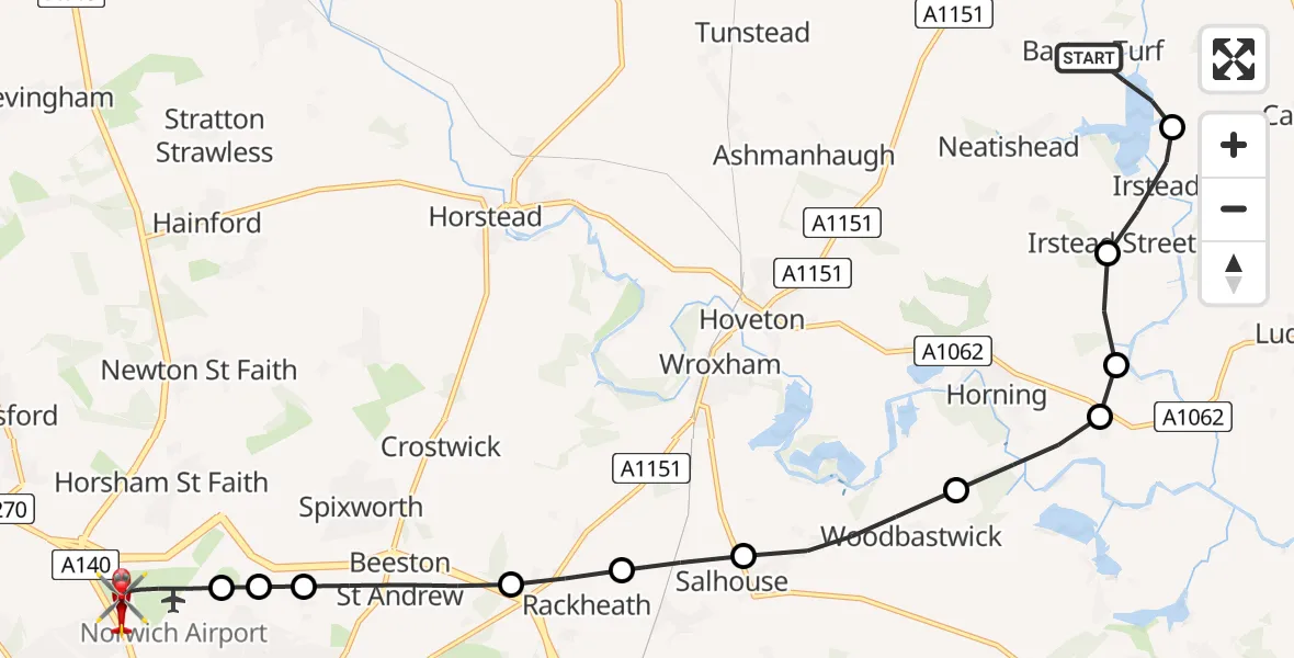 Flight route Air Ambulance Helicopter Barton Turf - Norwich Airport, 18 June 2026, 18:35