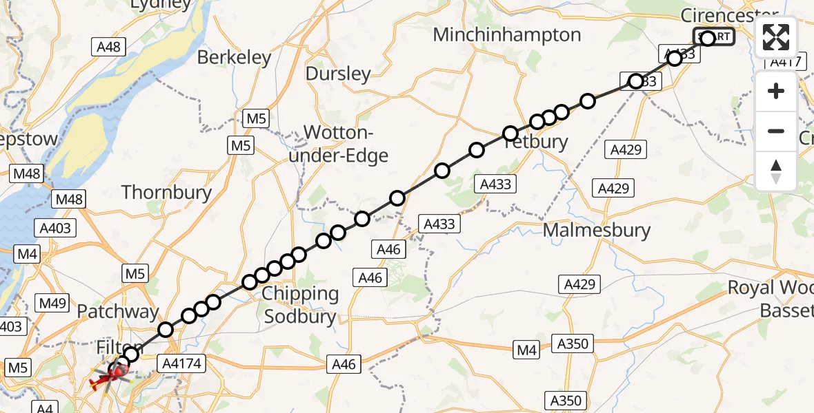 Flight route Air Ambulance Helicopter Cirencester - Bristol, 18 June 2026, 18:56