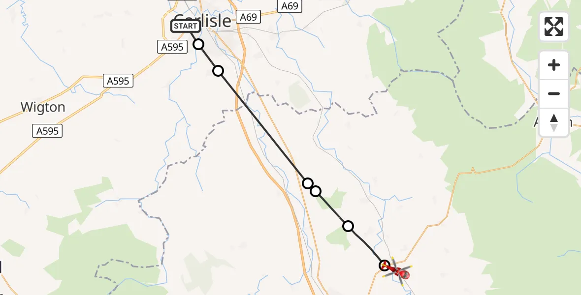Flight route Air Ambulance Helicopter Carlisle - Edenhall, 18 June 2026, 19:04