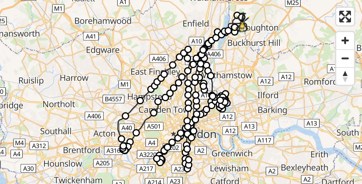 Flight route Police Helicopter Chingford - Metropolitan Police Air Support Unit Lippitts Hill, 18 June 2026, 19:15