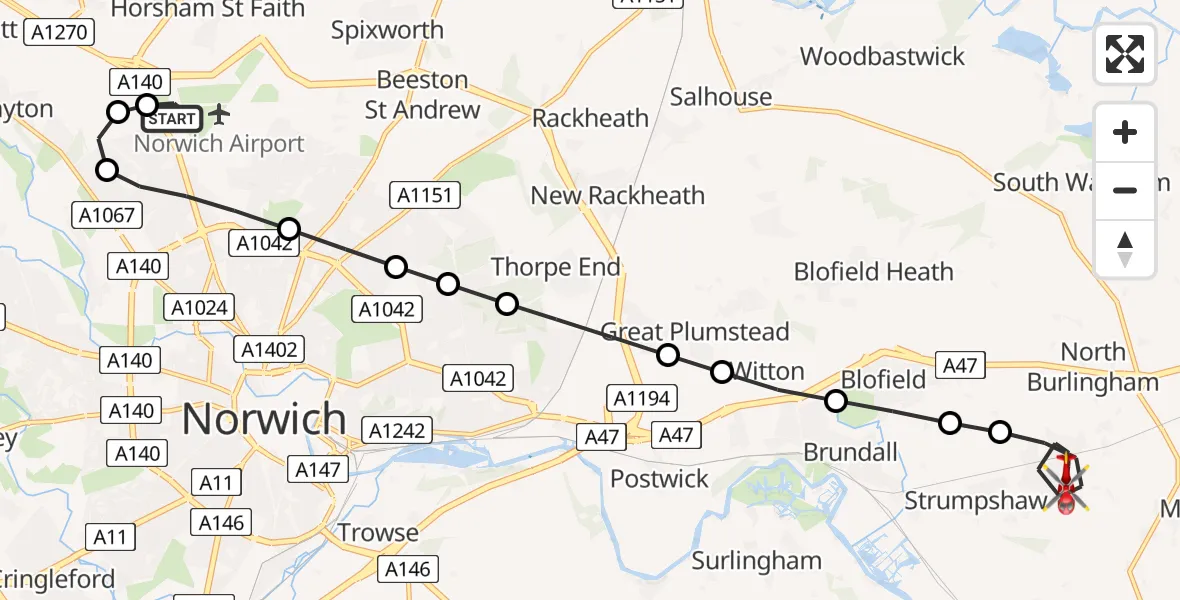 Flight route Air Ambulance Helicopter Norwich Airport - Lingwood, 18 June 2026, 19:15