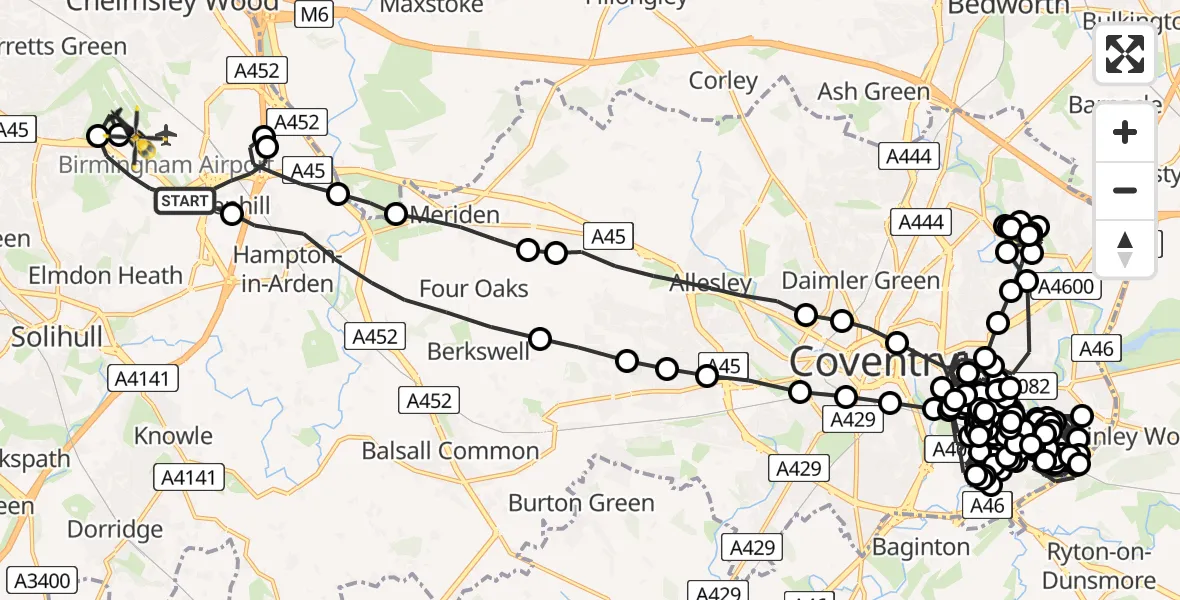 Flight route Police Helicopter Birmingham Airport - Birmingham Airport, 18 June 2026, 19:24