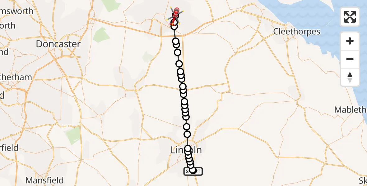 Flight route Air Ambulance Helicopter RAF Waddington - Appleby, 18 June 2026, 19:35