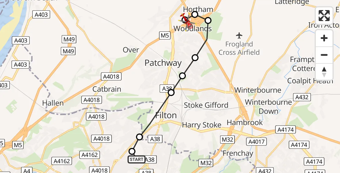 Flight route Air Ambulance Helicopter Southmead Hospital - Almondsbury Helicopter Base, 18 June 2026, 19:39