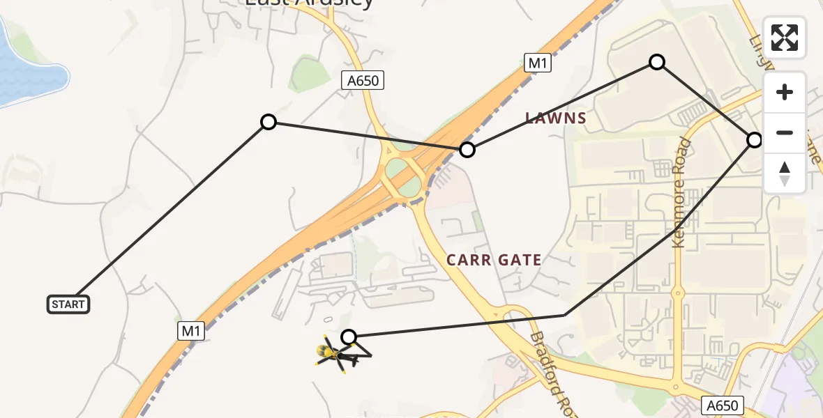 Flight route Police Helicopter East Ardsley - East Ardsley, 18 June 2026, 19:43