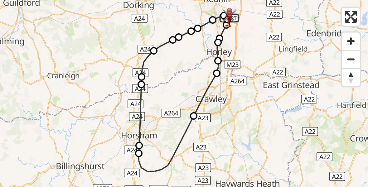 Flight route Air Ambulance Helicopter Redhill Aerodrome - Redhill Aerodrome, 18 June 2026, 19:47