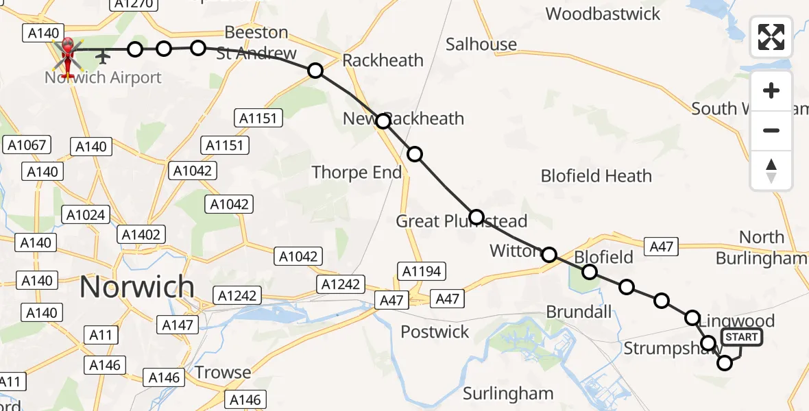 Flight route Air Ambulance Helicopter Lingwood - Norwich Airport, 18 June 2026, 20:02