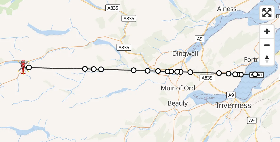 Flight route Air Ambulance Helicopter Fortrose - Achnasheen, 18 June 2026, 20:18