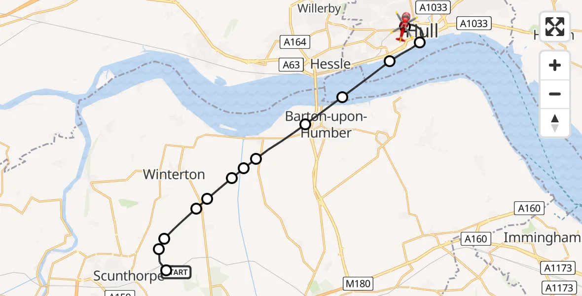 Flight route Air Ambulance Helicopter Appleby - Hull Royal Infirmary, 18 June 2026, 20:20