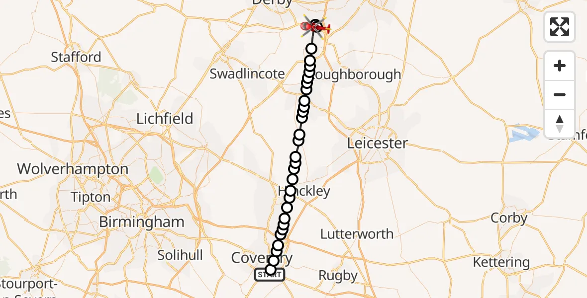 Flight route Air Ambulance Helicopter Coventry Airport - Castle Donington, 18 June 2026, 20:22