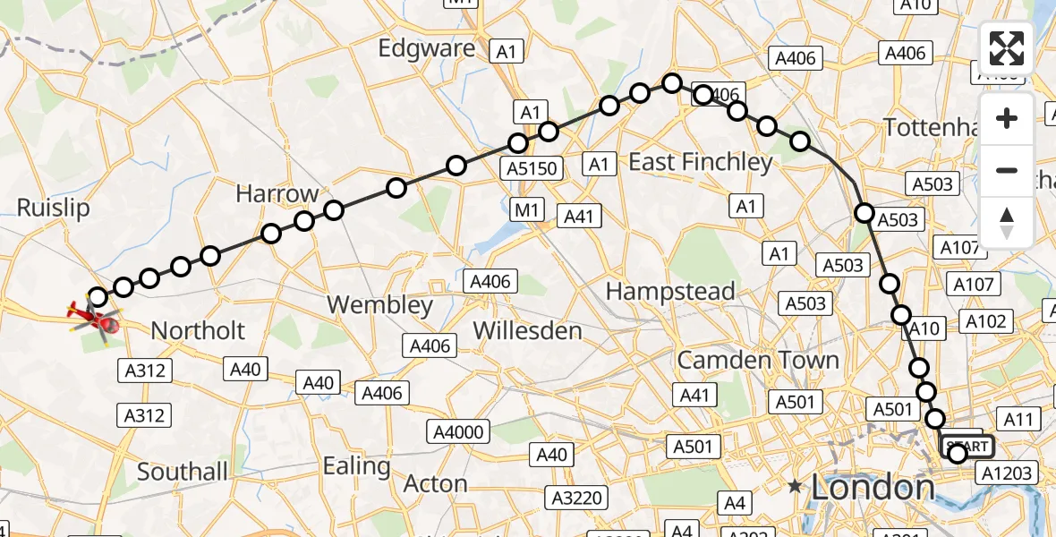 Flight route Air Ambulance Helicopter Royal London Hospital - RAF Northolt, 18 June 2026, 20:25