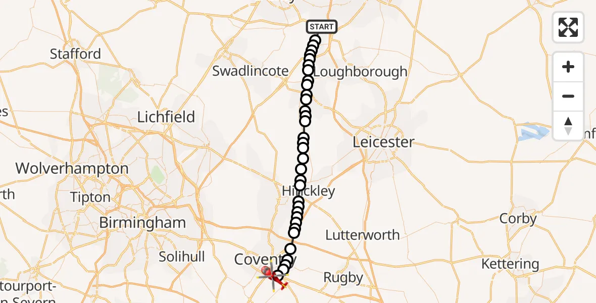 Flight route Air Ambulance Helicopter Castle Donington - Coventry Airport, 18 June 2026, 20:48