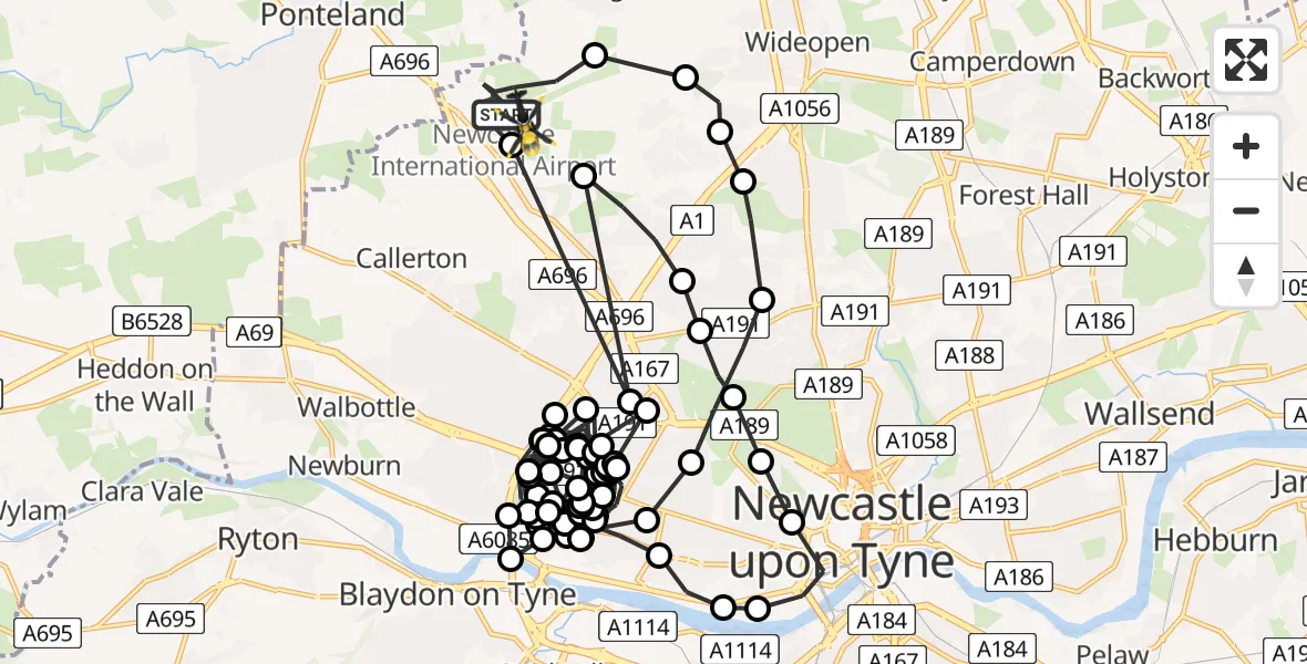 Flight route Police Helicopter Newcastle International Airport - Newcastle International Airport, 18 June 2026, 21:11