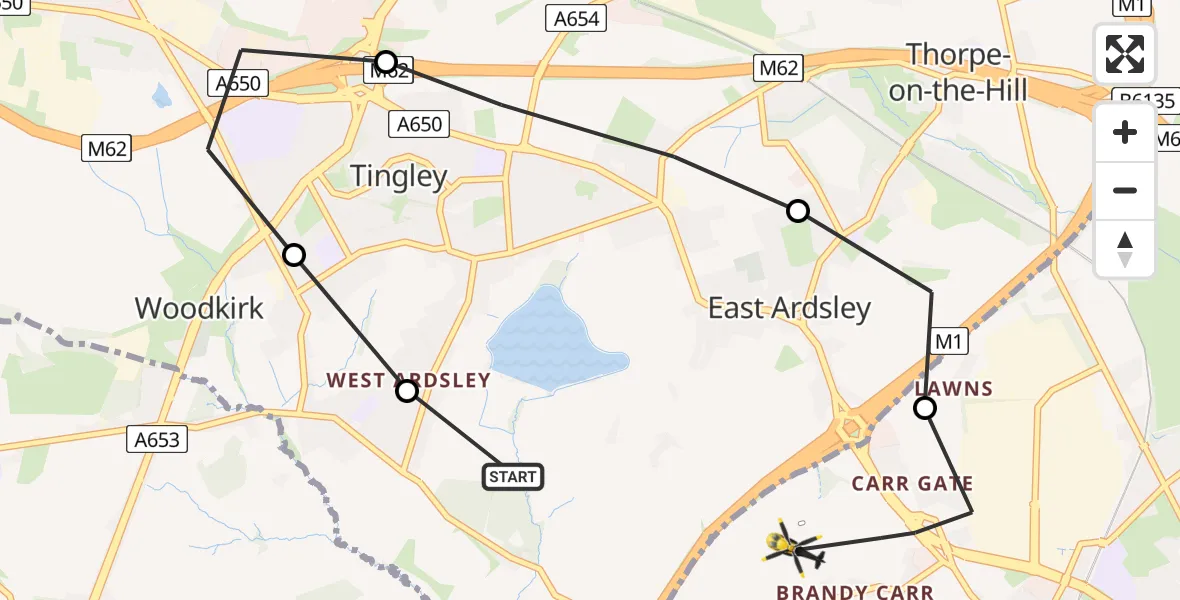 Flight route Police Helicopter East Ardsley - East Ardsley, 18 June 2026, 21:16