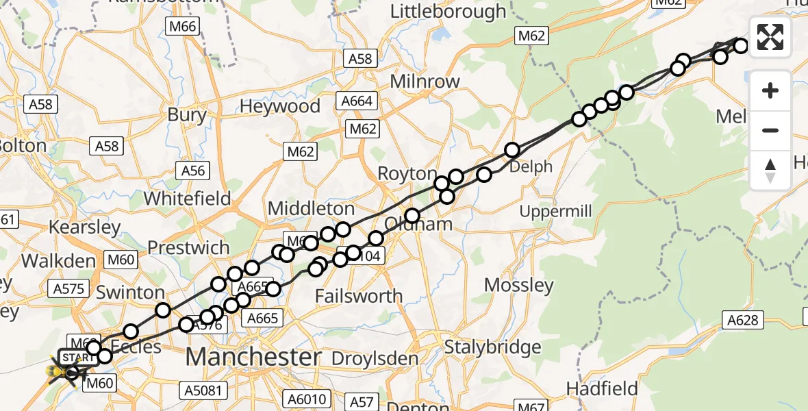 Flight route Police Helicopter Worsley - Manchester Barton Aerodrome, 18 June 2026, 21:39