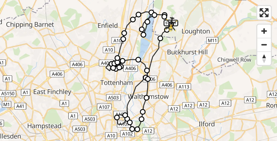 Flight route Police Helicopter Metropolitan Police Air Support Unit Lippitts Hill - Metropolitan Police Air Support Unit Lippitts Hill, 18 June 2026, 21:42