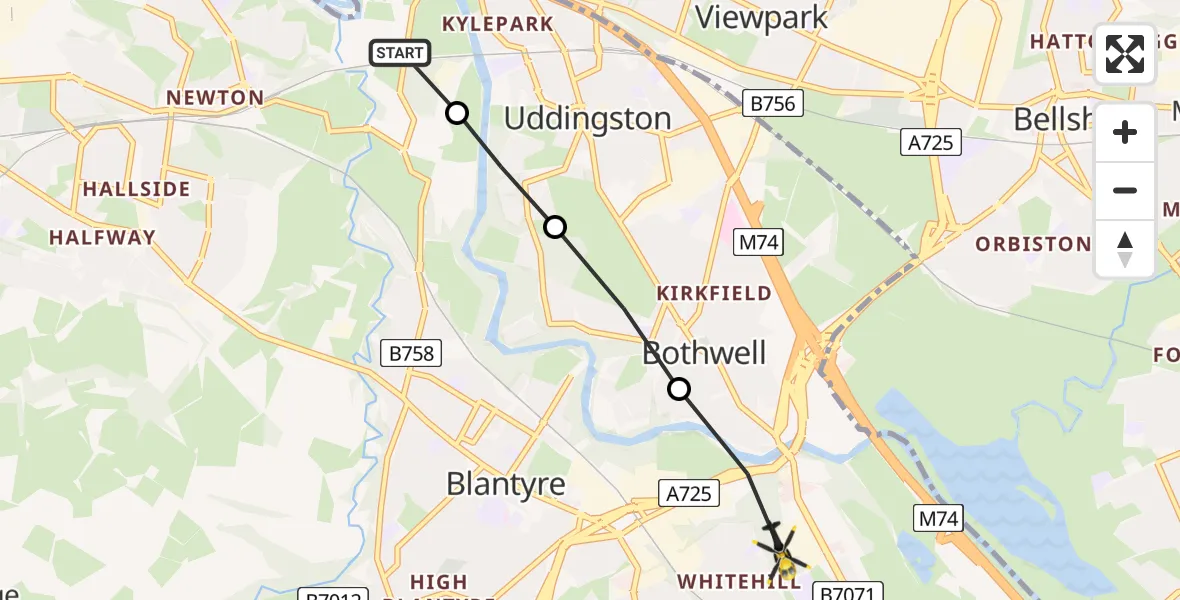 Flight route Police Helicopter Uddingston - Bothwell, 18 June 2026, 21:50