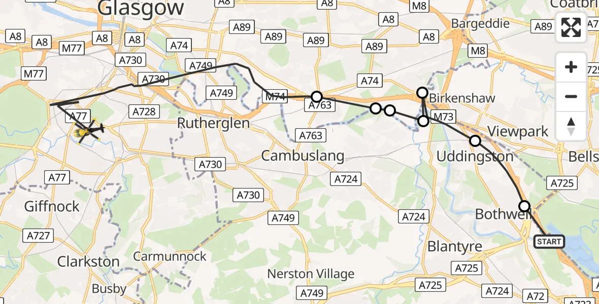 Flight route Police Helicopter Hamilton - Glasgow, 18 June 2026, 22:06
